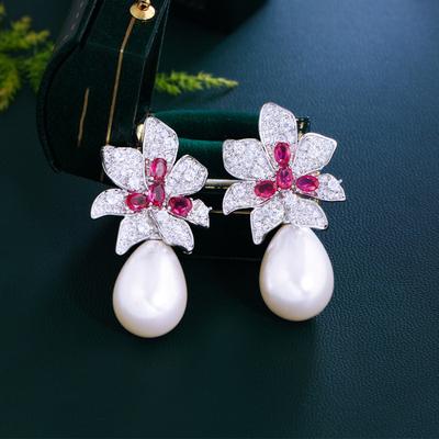 Light Luxury Sweet Zircon Flower Pearl Earrings Needles High-End Temperament Celebrity Style Trinkets