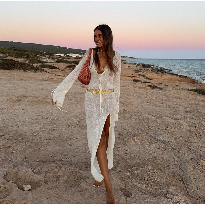 New Beach Dress Sexy Hollow See-through Sunscreen Clothing Spring and Summer Knitted Seaside Vacation Long Skirt