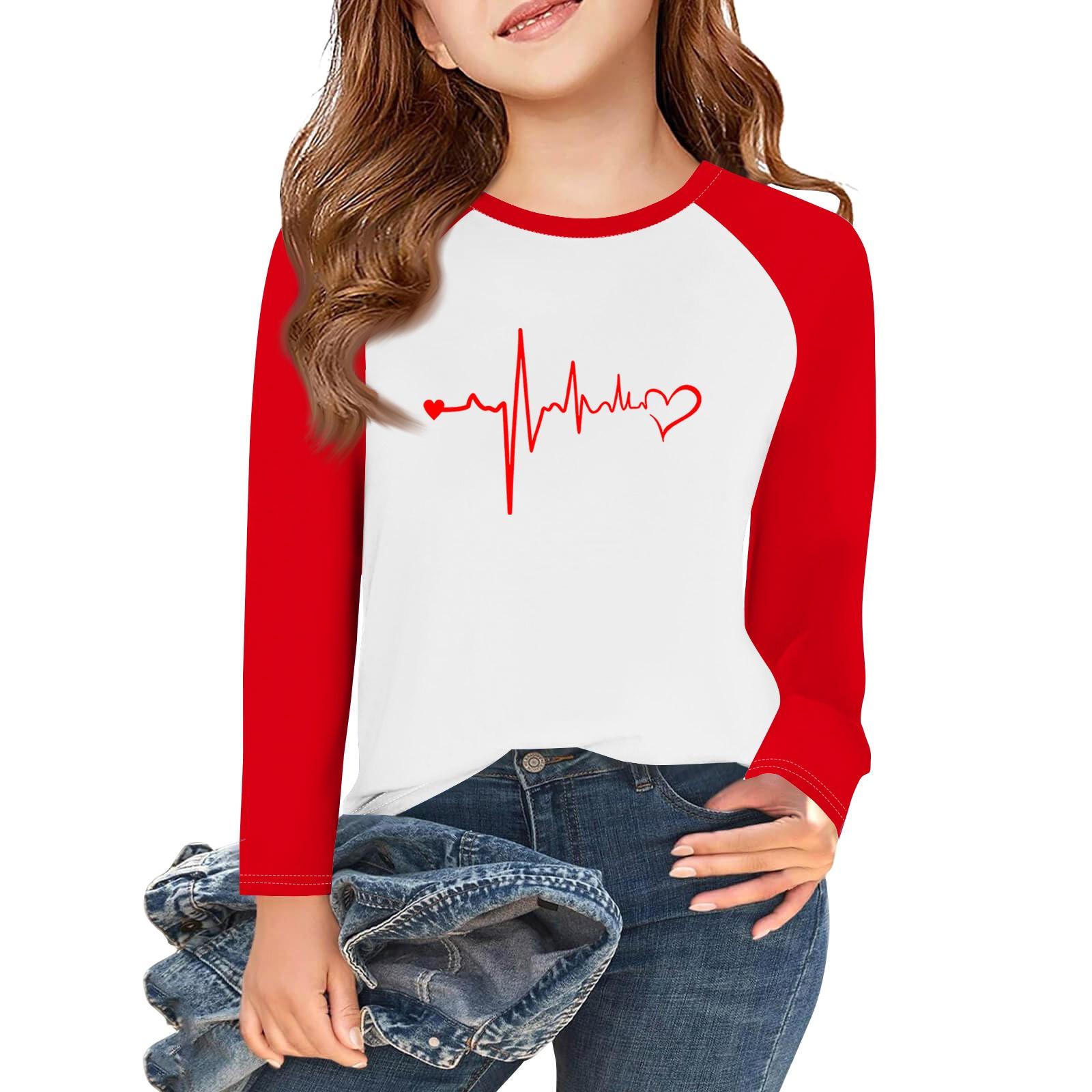 

Футболки с длинным рукавом для девочек Love ко Дню святого Валентина, детские осенние топы с круглым вырезом, базовые футболки для детей 5-14 лет 6