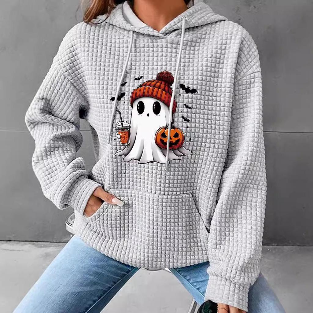 Women's Autumn/Winter Waffle Hooded Halloween Print Sweatshirt - Loose Fit, Long Sleeve, European Size