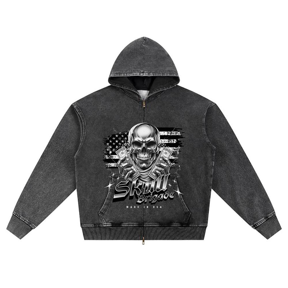 DTG Print Knitted Denim Zip-Up Hoodie Skull Brigade Brother Print Zipper Hoodies  