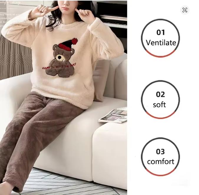 Warm Sleepwear for Winterthickened Warm Flannel Pajamas Student Long Sleeve Cartoon Ladies Loungewear Setpajamas Woman Offer