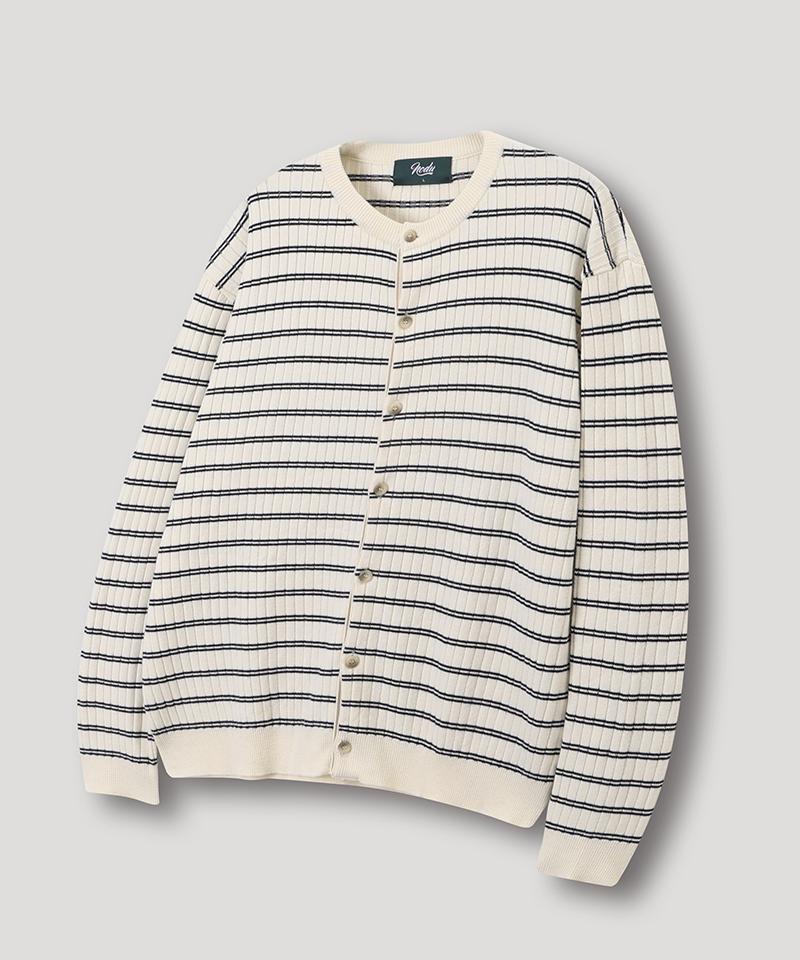 Nodu Block Stripe Round Knit Cardigan [Ivory]