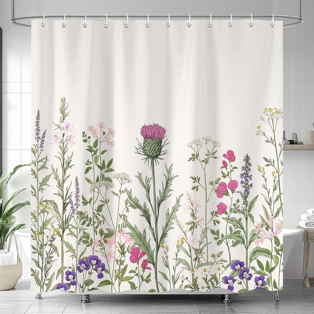 Blue Floral Shower Curtain, Boho Watercolor Botanical Flowers Design Shower Curtain for Bathroom, Natural Teal Gray Plant Decor