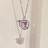 1pcs Silver-plated Necklace Women Light Luxury Fashion Pink Glass Diamond Heart Pendant Jewelry