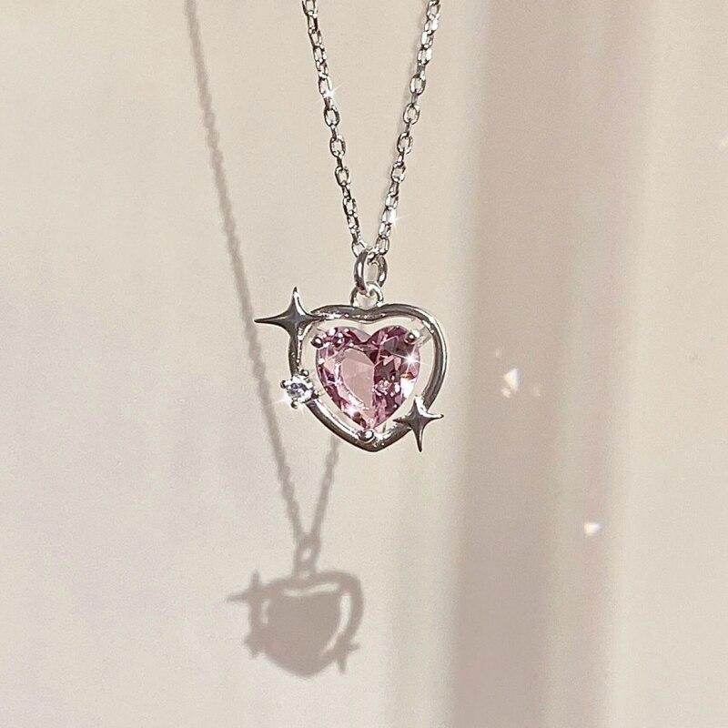 1pcs Silver-plated Necklace Women Light Luxury Fashion Pink Glass Diamond Heart Pendant Jewelry