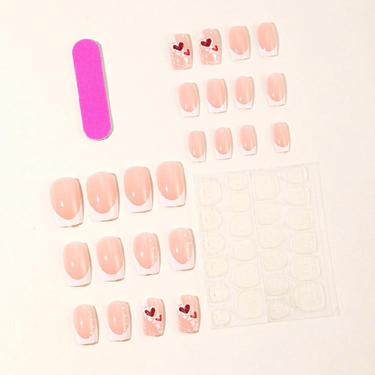24pcs Sweet Heart Designs False Nail French White Short Square Artificial Nail for Party Valentine's Day Nail Decors