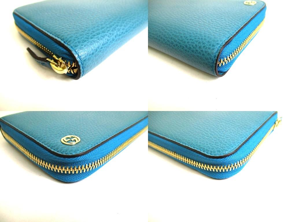 Authentic GUCCI Interlocking G Gold H/W Turquoise Blue Leather Round Zip Wallet #b271  Open box