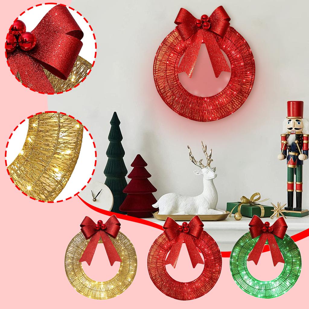 Christmas Metal Light Up Wreath With LED Warm Lights And Ribbon Bow Holiday Decoration