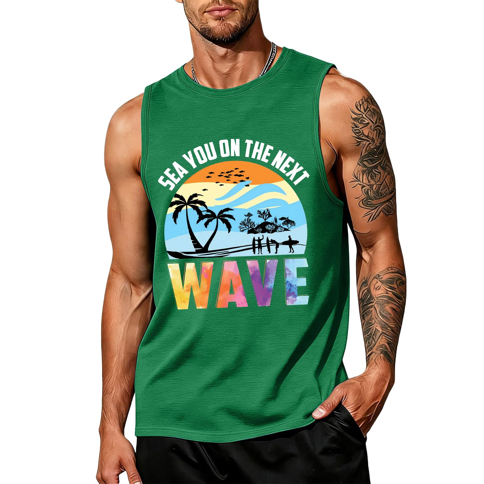 

Mens Sleeveless Tank Top Crew Neck Casual Fit Surfer Print Lightweight Summer Beach Shirt for Outdoor Sports Fitness L зелёный