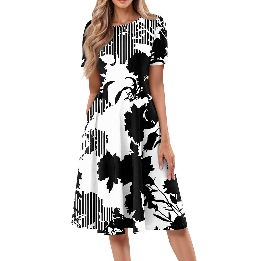 Abiti midi casual da donna alla moda, con scollo rotondo, maniche corte e stampa floreale