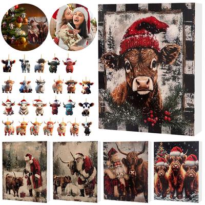 2025 Holiday Advent Calendar Cow Ornaments Christmas Advent Calendar Acrylic Cartoon Highland Cow Hanging Decorations Home Decor