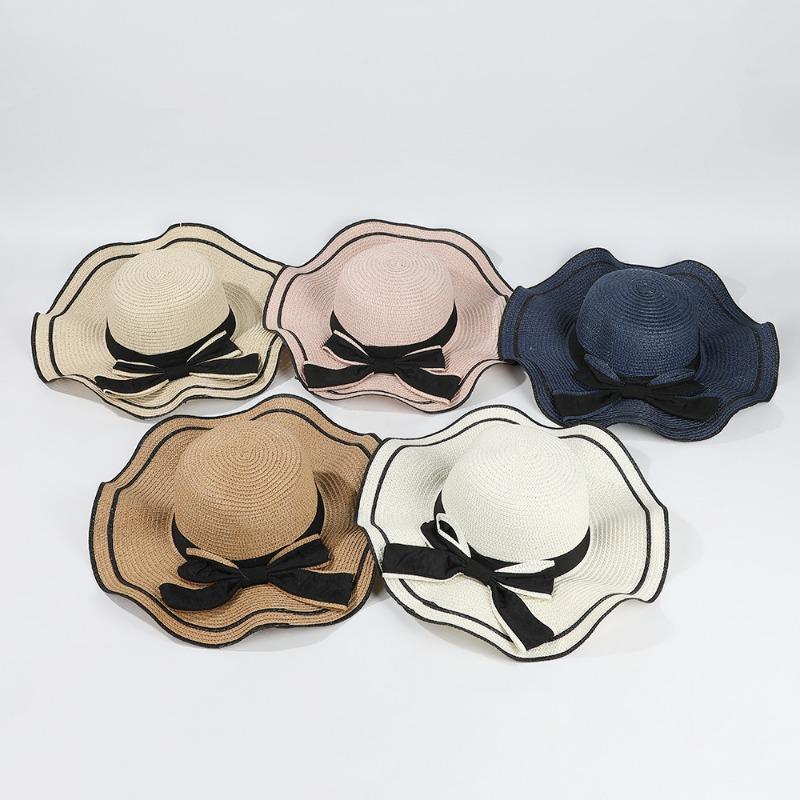 Summer bow straw hat beach hat big eaves streamer vacation play outdoor breathable sunshade wavy edge sun protection hat
