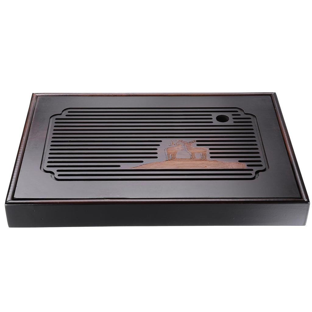 Uxcell 13.8" Chinese Bamboo Gongfu Tea Tray with Exquisite Carved Pattern, Vintage Bamboo Tea Table Furniture with Tea and Water Storage Box, Brown