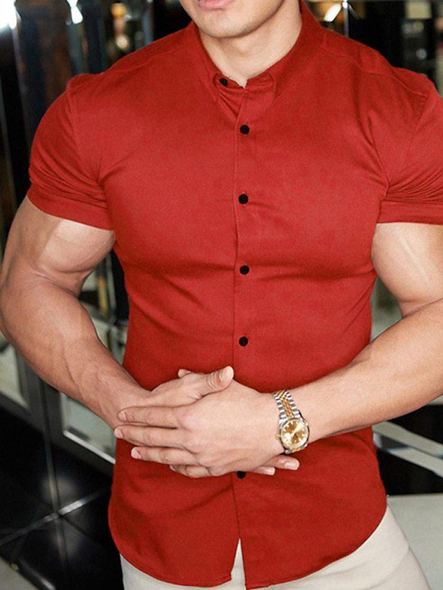 Men's Slim Fit Solid Color Short Sleeve Cardigan Shirt - Casual European and American Teen Style