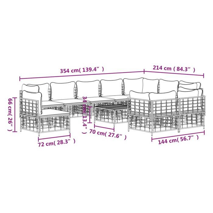 VidaXL Salon de jardin 11 pcs avec coussins anthracite résine tressée, ensemble de salon, ensemble de salon d'extérieur, 3186807