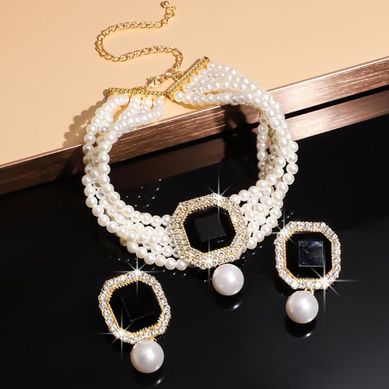 Pack Of 1 Set Elegant Multilayer Faux Pearls And Geometric Crystal Necklace and Earrings Set For Women Lady