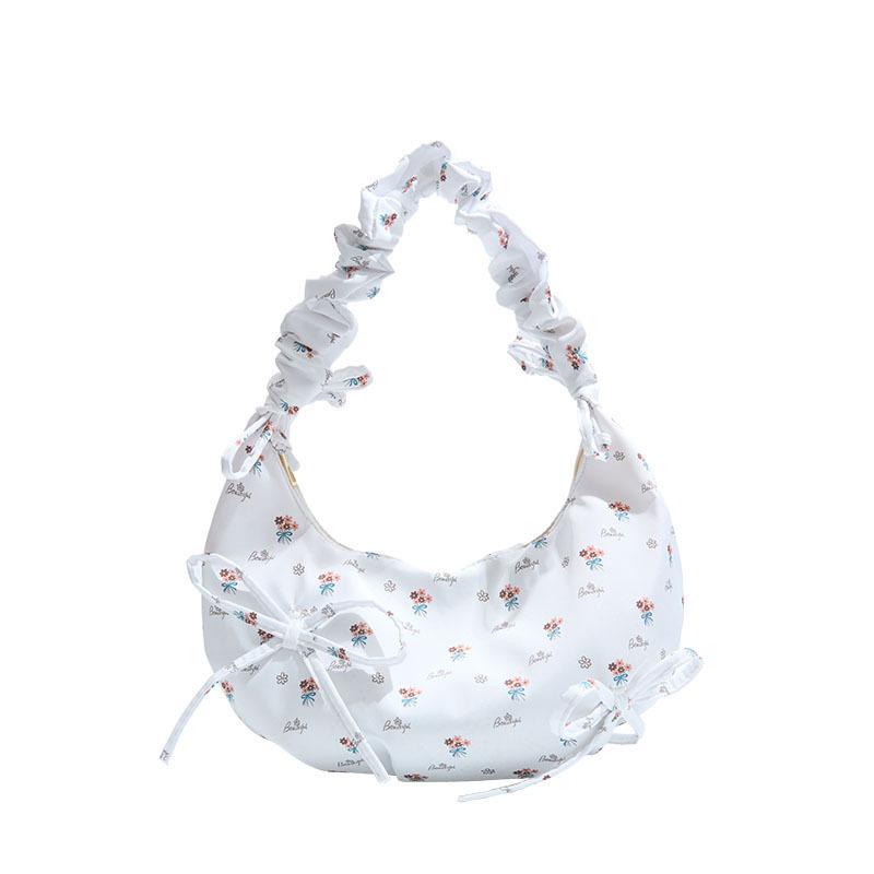 Versatile Girl Bow Canvas Bag Women's 2025 New Summer Cute Floral Hand Pleated Shoulder Armpit Bag