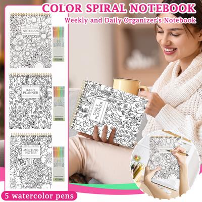 Buntes Spiralnotizbuch und Tagesplaner, schönes Tagebuch mit Blumendesign, Malbuch mit Blumennotizen, ausgestattet mit 5 Textmarkern 1 ml
