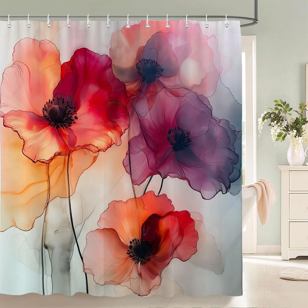Watercolor Flowers Shower Curtain, Floral Plant Bathroom Decorative Shower Curtain, Waterproof Shower Curtain with Hooks