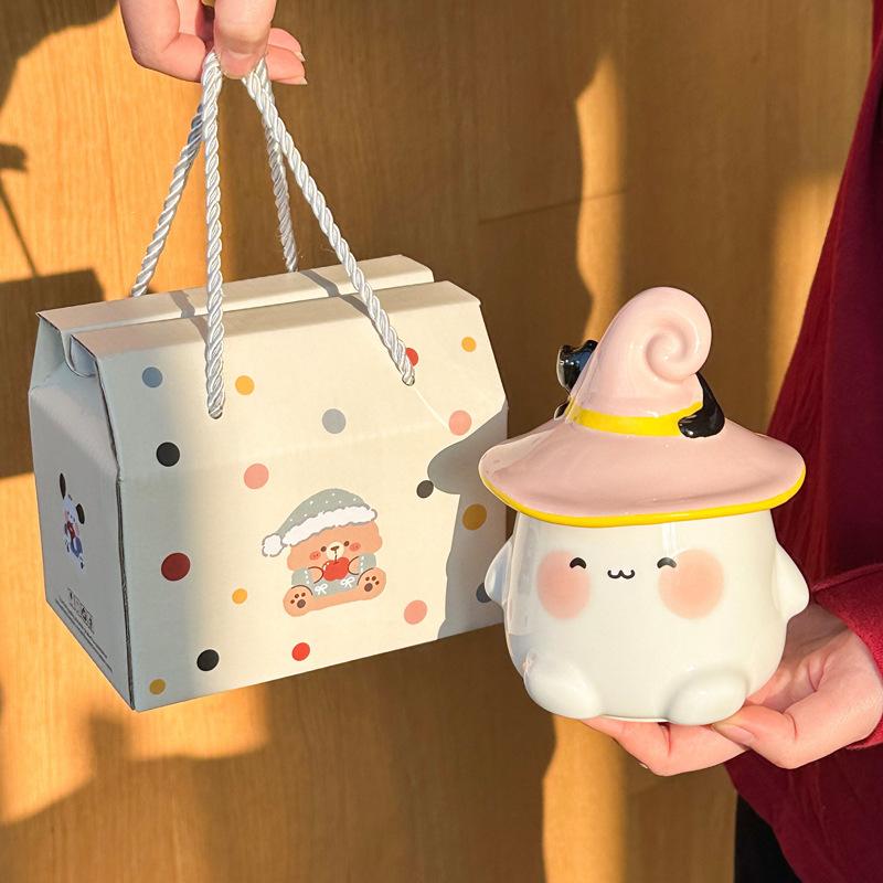 Halloween cute ghost cup girl ceramic mug with lid spoon office couple coffee cup souvenir