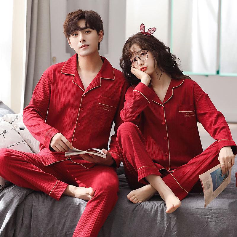 Couple Pajamas Women'S Pure Cotton Long-Sleeved Wedding Wedding Red Festive Cotton Loungewear Set