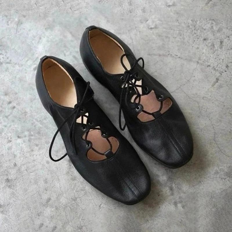 Chaussures Plates Basses de Ballet Souples pour le Trajet Quotidien Chaussures Décontractées Printemps et Automne Rétro Chaussures Mary Jane Plates à Lacets Croisés