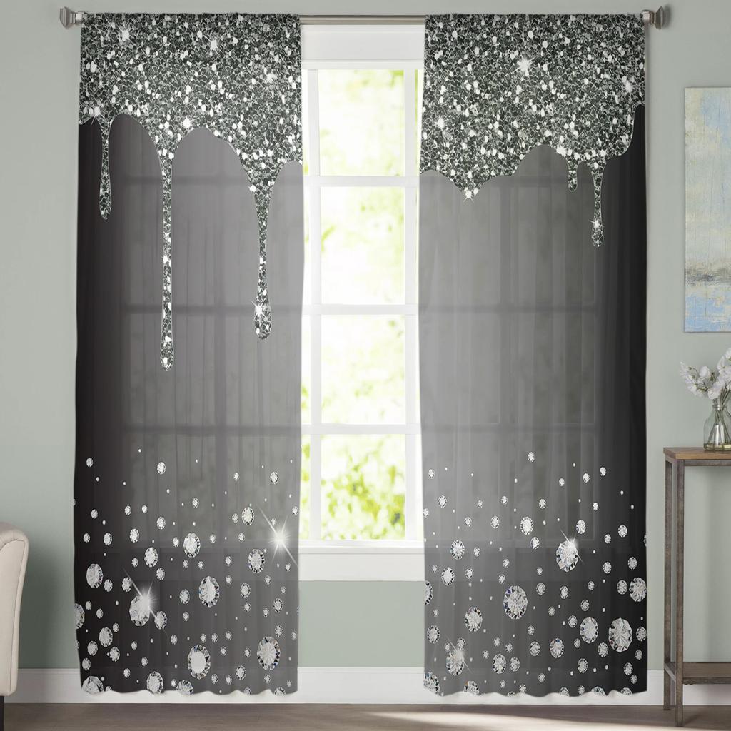 Perdele de Fereastră Negre cu Textură de Picătură de Diamant Strălucitor Pentru Living Dormitor Bucătărie Voal Translucid Tratament Fereastră