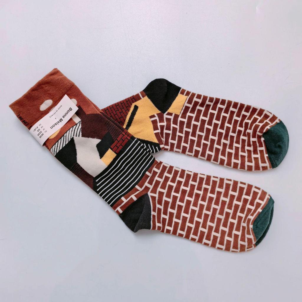 French Bonne Maison Retro Mid-Calf Socks in Maillard Color Scheme - Trendy Cotton Fashion Socks