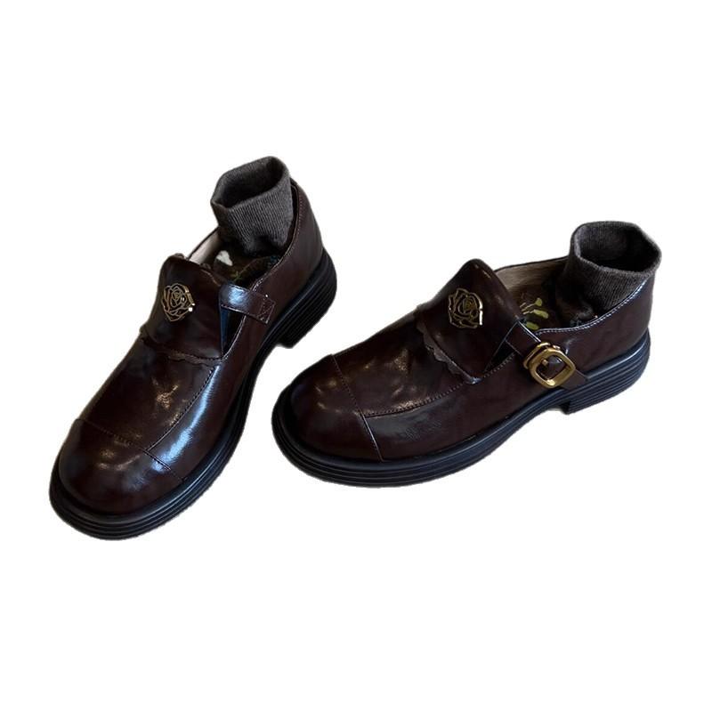 Sheepskin version! Retro style loafers dark brown round head camellia thick heel single shoes one pedal versatile small leather shoes