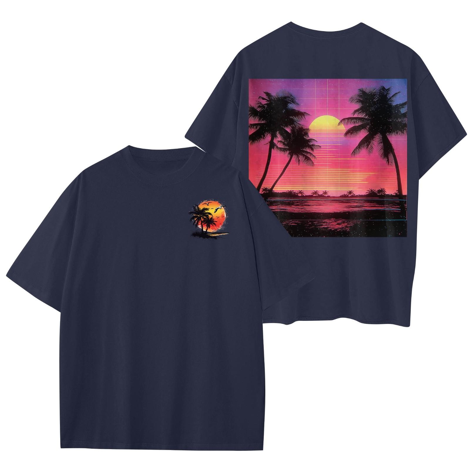 

Женский круглый вырез модный свободный гавайский принт короткие рукава XXXL тёмно-синий