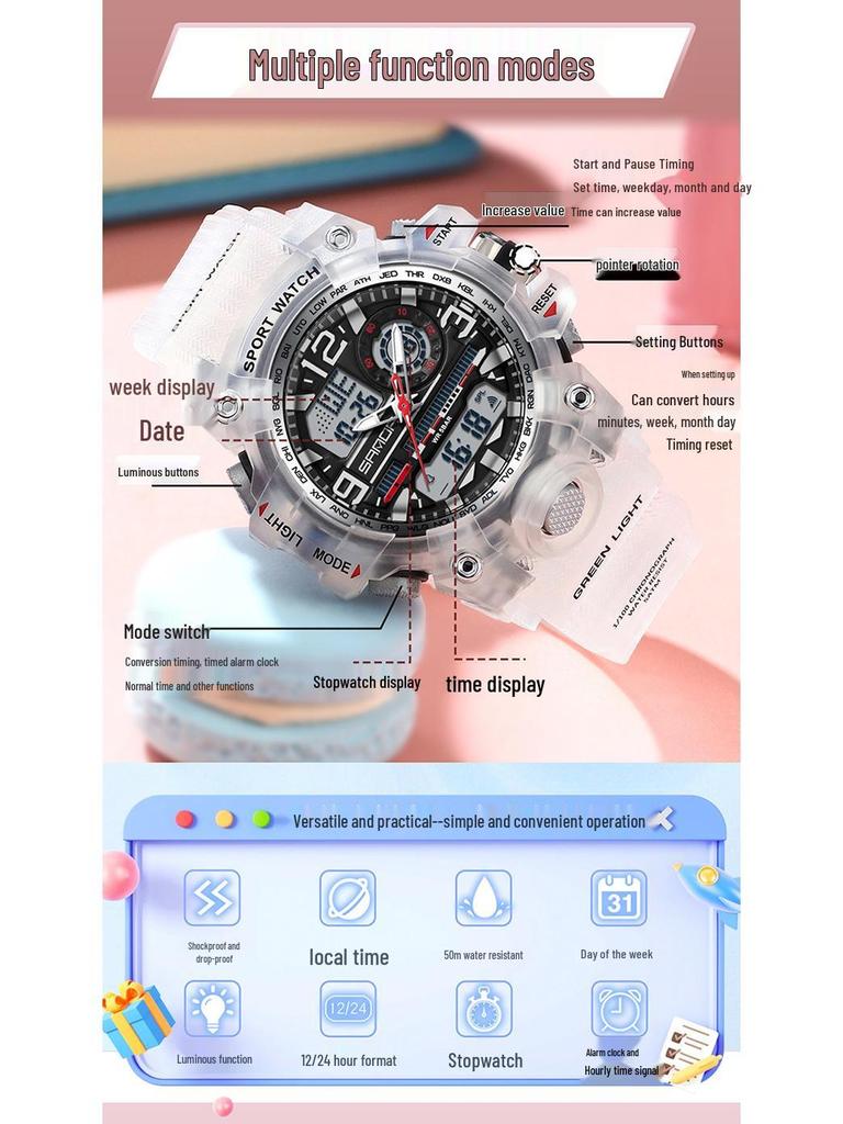 SANDA Tecnología Negra Doble Pantalla Impermeable Adolescente Casual Reloj Despertador