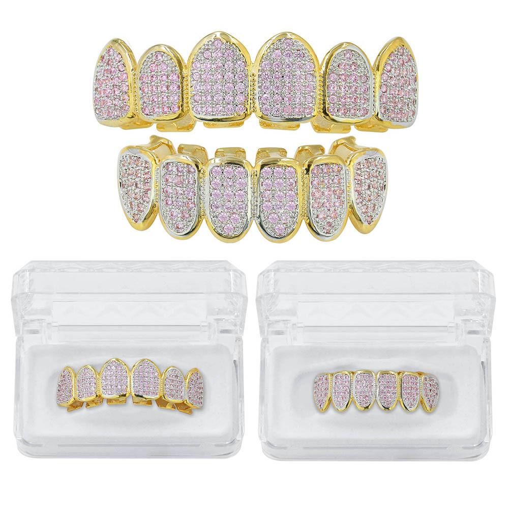 New Custom Fit Hip Hop Gold Teeth Grillz Micro Pave Fuchsia Cubic Zirconia Top & Bottom Grills Set for Christmas Gift Women