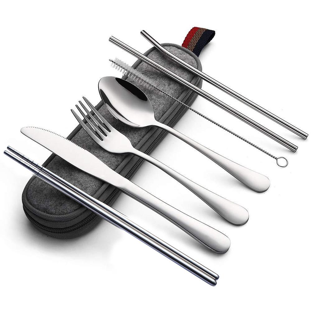 

Portable Utensils, Travel Camping Cutlery Set, 8-Piece including Knife Fork Spoon Chopsticks Cleaning Brush, Stainless Steel Flatware set серебряный