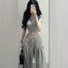 American Vintage Gray Casual Pants for Women Summer High Waist Drawstring Loose Drape Thin Wide Leg Pants