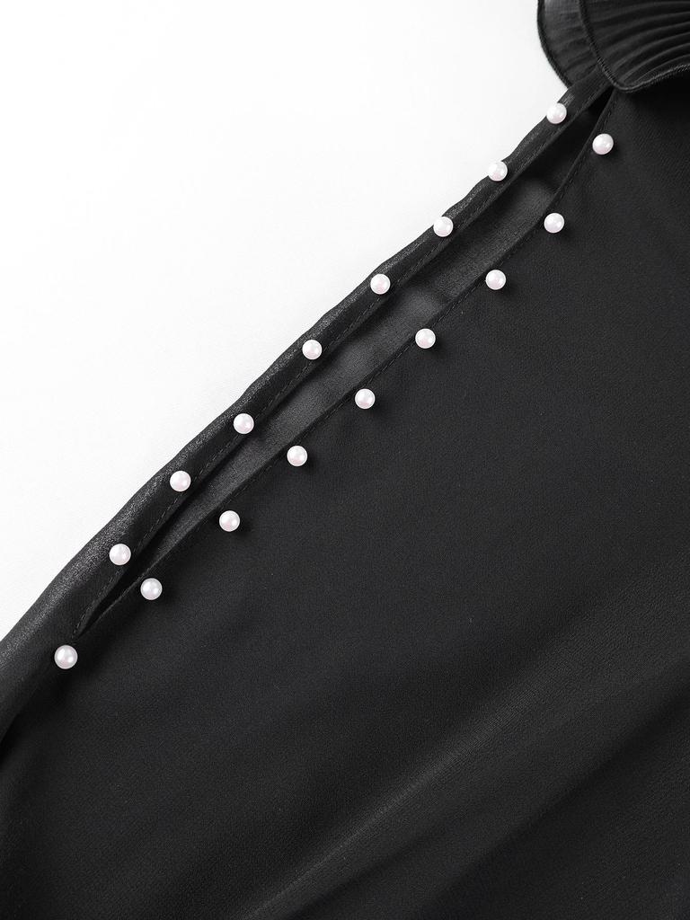 Plus Size Women's Black Evening Gown with Mesh Sleeves and Ruffled Waist