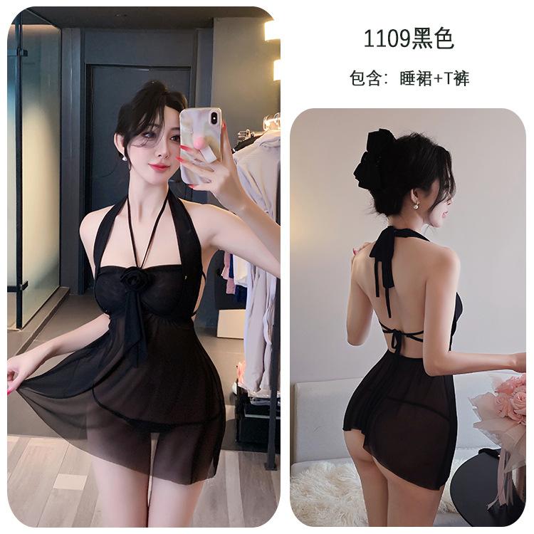 Sex underwear, sexy pajamas, pure desire wind, neck sling skirt, perspective rose nightdress women