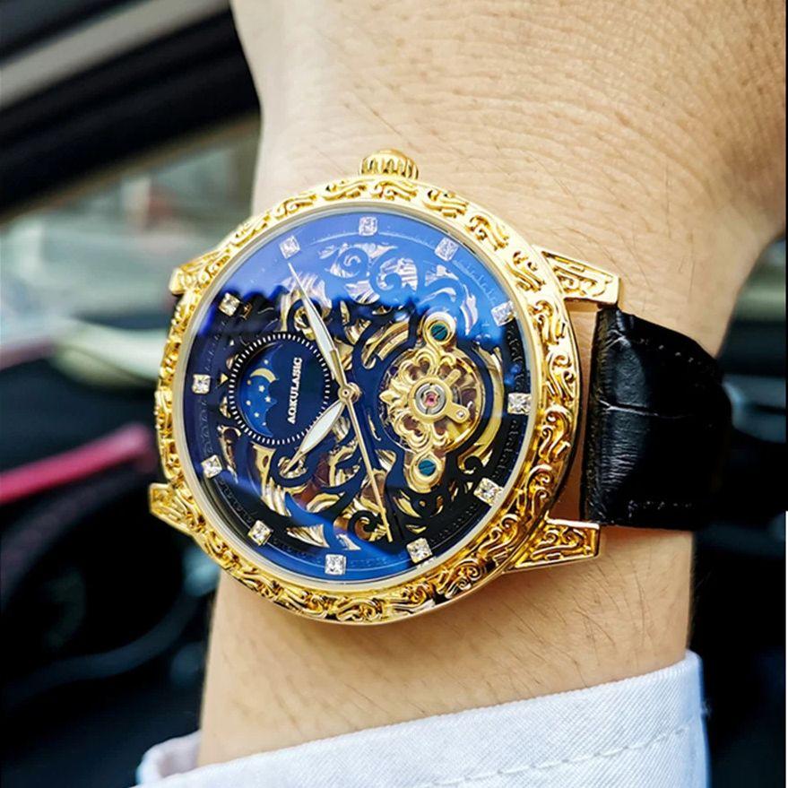AOKULASIC Gold Tourbillon Mens Watches Top Brand Luxury Skeleton Automatic Mechanical Watch for Men Leather Strap Fashion Clock