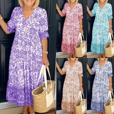 Sexy Bohème Maxikleid Für Damen Blumendruck V-Ausschnitt Strandparty Fließend Kurze Ärmel