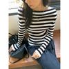 Huang Zheng Korean Style Simple Temperament Contrasting Stripes One-line Collar Off-shoulder Slim Knitted Casual Top