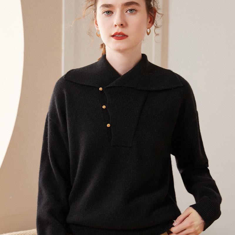 Women's Solid Color Cashmere Lapel Knit Sweater - Long Sleeve, Loose Fit, Warm Pullover for Autumn & Winter