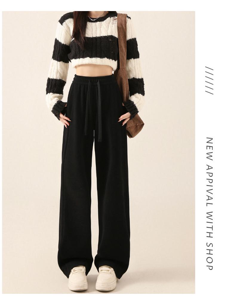 Women's Khaki Chenille Fleece-Lined Wide-Leg High-Waist Trousers: Sporty, Casual, Straight-Leg for Spring, Autumn, Winter.