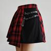 Women Mini Skirt Checkered Print Contrasting Color Pleated Skirt High Waist Metal Chains Belts Decoration Irregular