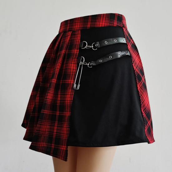 Women Mini Skirt Checkered Print Contrasting Color Pleated Skirt High Waist Metal Chains Belts Decoration Irregular Skirt