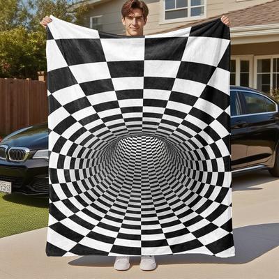 1PC Checkerboard TunnelOutdoor Flannel Blanket - Soft Plush Decor for Picnics, Camping, Bedroom, Playroom, Office, or Lunch Break 1338A