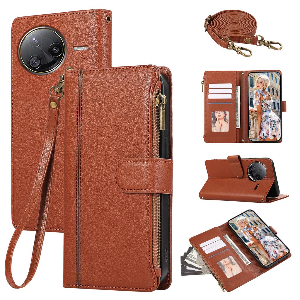 For Xiaomi Poco F7 Ultra 5G/Redmi K80 Pro 5G Case Multi Card Slots Zipper Leather Phone Cover with Shoulder Strap/Wrist Strap
