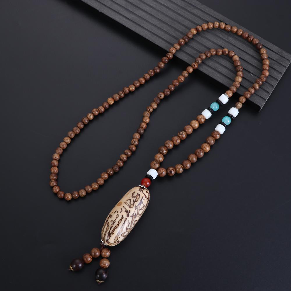 Vintage Party Lucky Gift Handmade Nepal Necklace Buddhist Mala Wood Bead Horn Fish Pendant