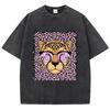 Vintage Womens Mens Acid Wash T-Shirts Leopard Cartoons Printing Tees Crewneck Cotton Oversize Short Sleeve Female Clothes