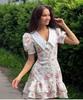 French V-neck Puff Sleeve Summer Dress with Waist-Tightening Print and Ruffle Details for 2025