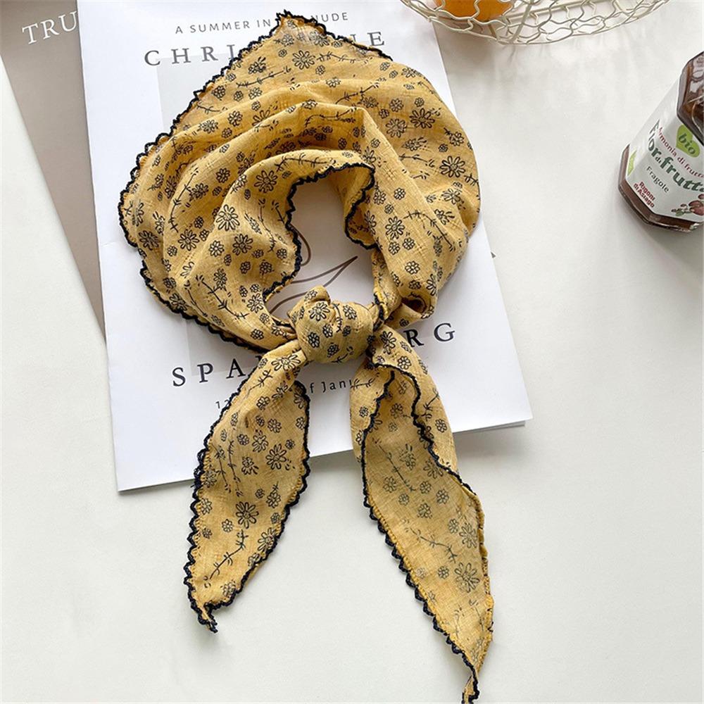 Lightweight Floral Triangle Scarf Korean Style Thin Vintage Neck Scarf Head Wrap Breathable Cotton Linen Scarf for Women